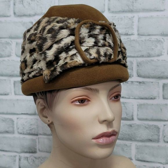 Vintage MARZI Firenze Designer Brown Felt Cloche Hat Faux Fur Leopard Italy - Picture 1 of 10